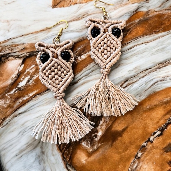 Owl macrame earrings 70s vibes Macrame Wood Hypoallergenic Ear wires Adorable - Picture 9 of 15